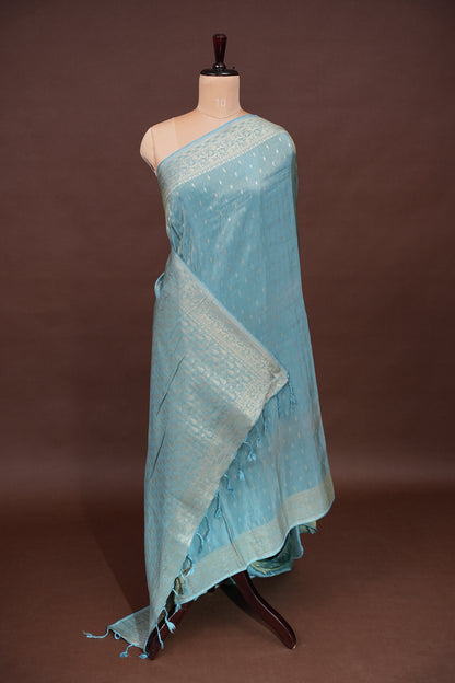 Pure Mellow Tissue Silk Saree with Banarasi Patterns - Aqua Blue