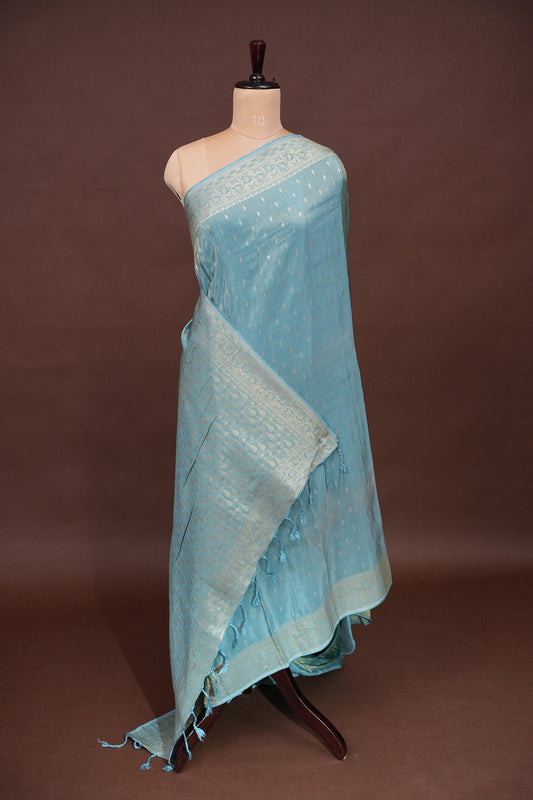 Pure Mellow Tissue Silk Saree with Banarasi Patterns - Aqua Blue