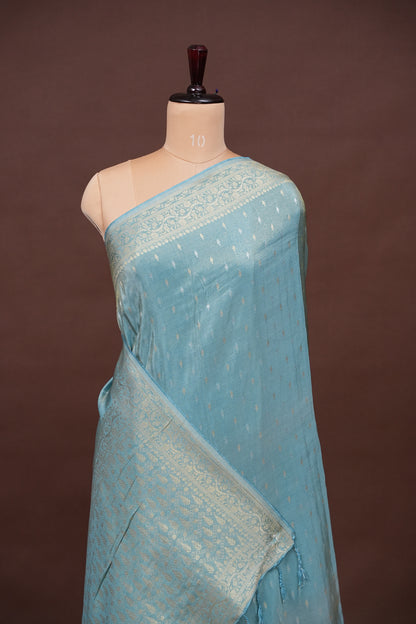 Pure Mellow Tissue Silk Saree with Banarasi Patterns - Aqua Blue