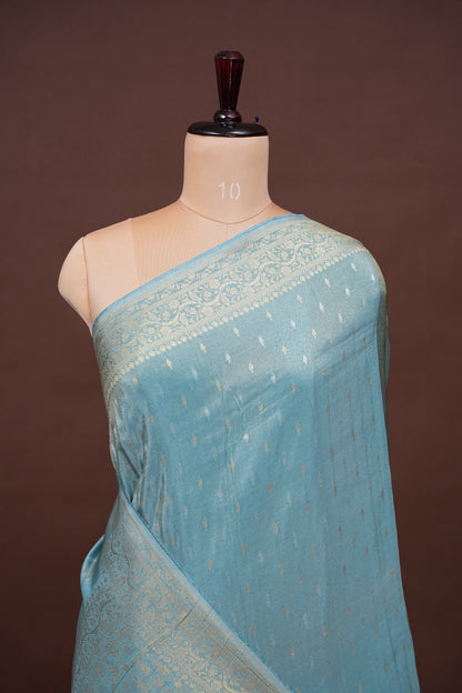 Pure Mellow Tissue Silk Saree with Banarasi Patterns - Aqua Blue