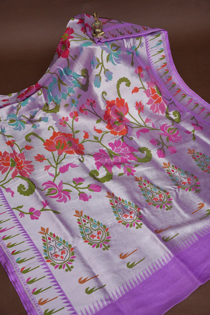 Pure Tussar Tissue Georgette Brocade Handloom Banarasi Saree - Lavender