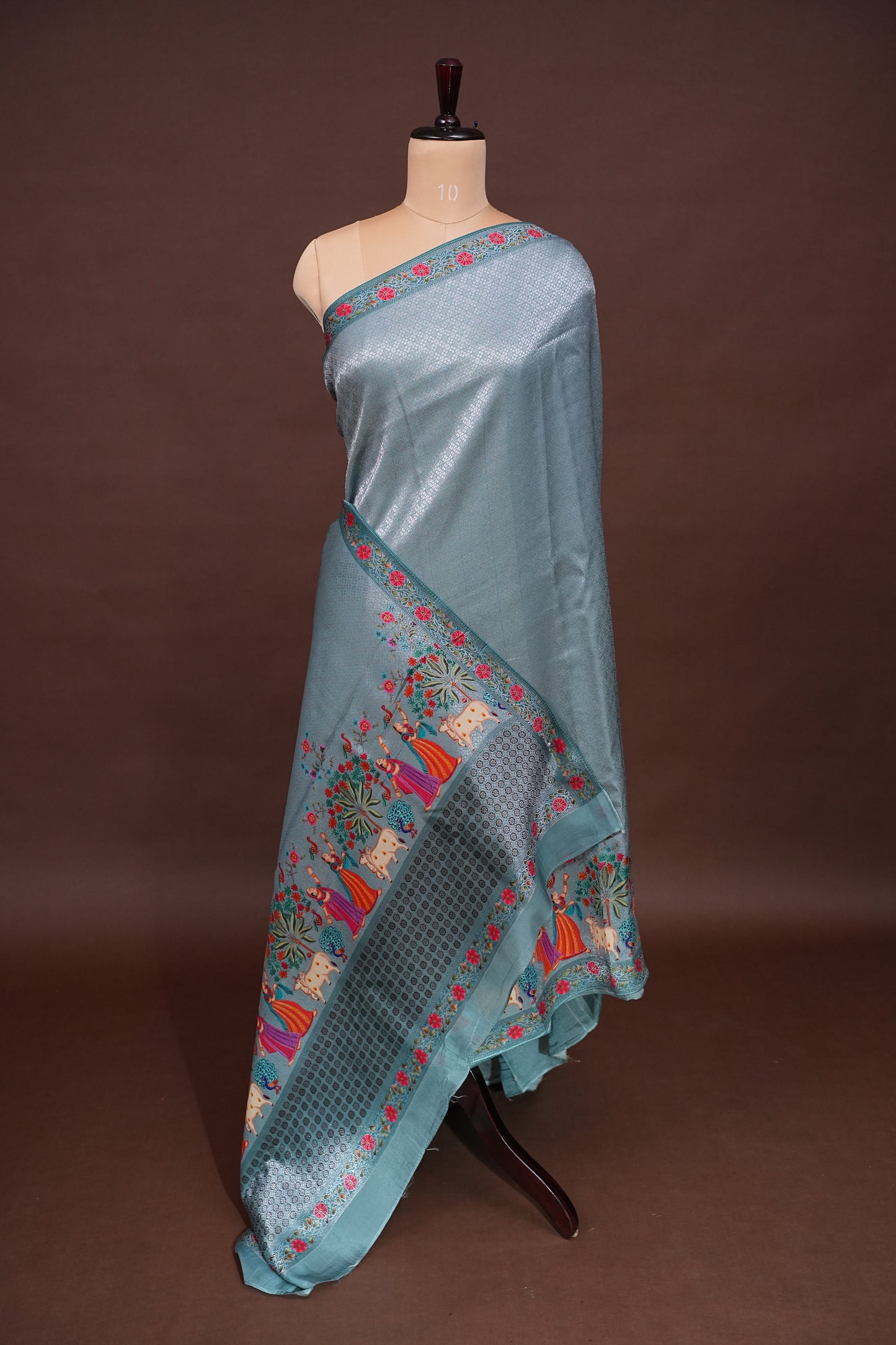 Kashmiri Pashmina Mellow Tissue Saree - Aqua Blue