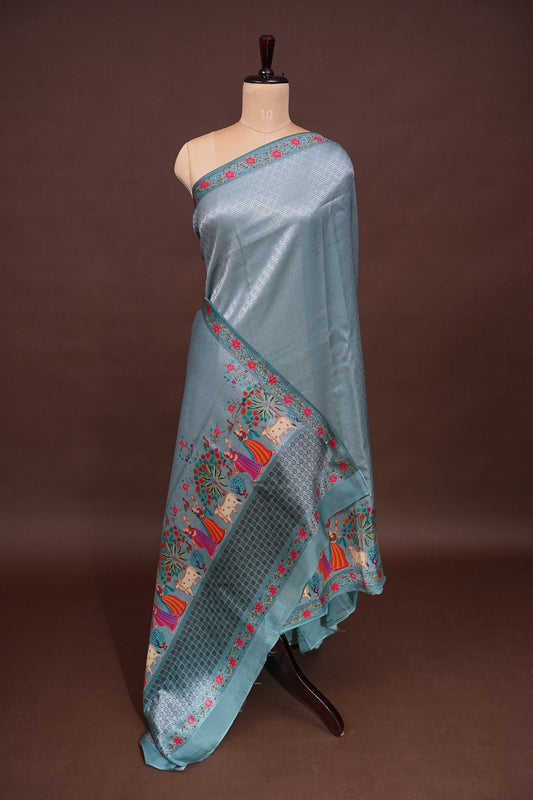 Kashmiri Pashmina Mellow Tissue Saree - Aqua Blue