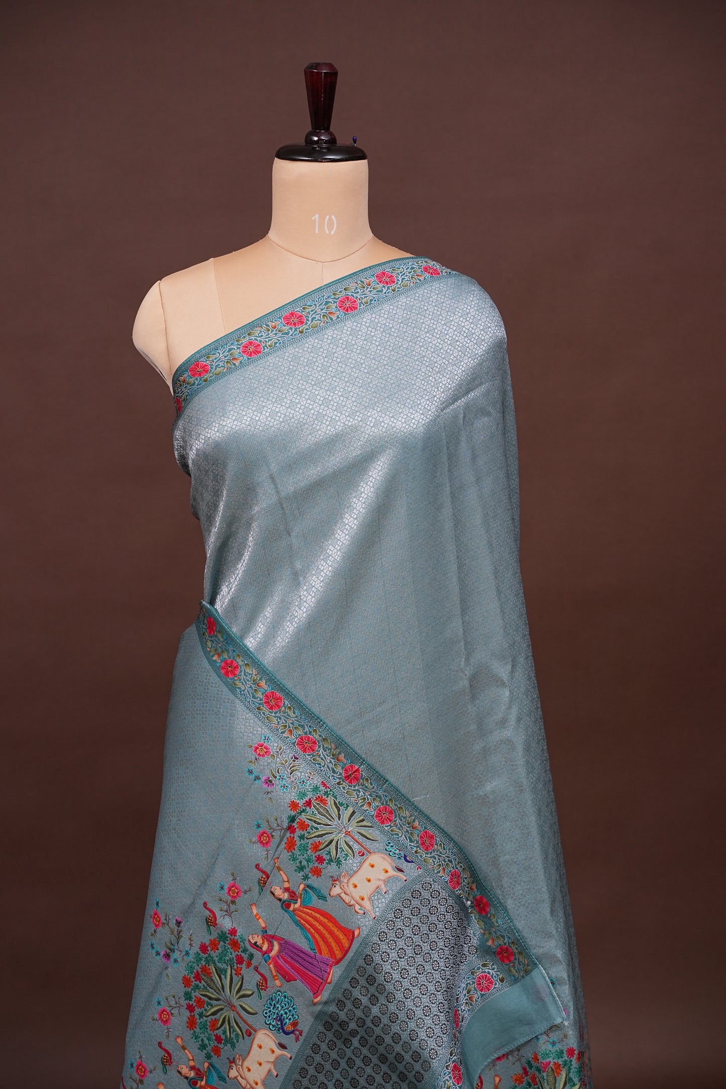 Kashmiri Pashmina Mellow Tissue Saree - Aqua Blue