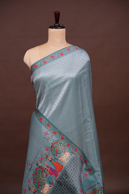 Kashmiri Pashmina Mellow Tissue Saree - Aqua Blue
