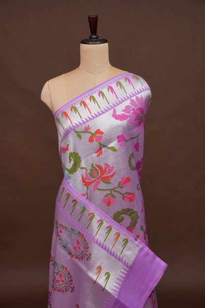 Pure Tussar Tissue Georgette Brocade Handloom Banarasi Saree - Lavender