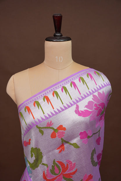 Pure Tussar Tissue Georgette Brocade Handloom Banarasi Saree - Lavender
