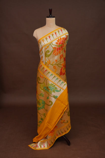 Mustard Yellow Pure Tussar Tissue Georgette Brocade Handloom Banarasi Saree