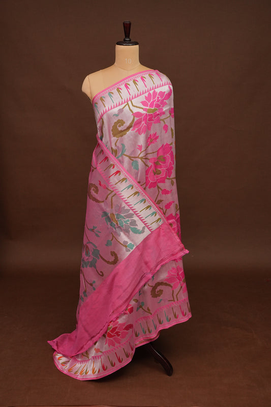 Candy Pink Pure Tussar Tissue Georgette Brocade Handloom Banarasi Saree