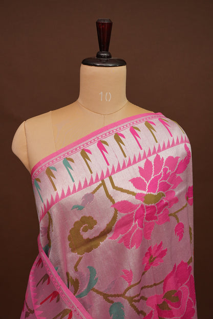 Candy Pink Pure Tussar Tissue Georgette Brocade Handloom Banarasi Saree