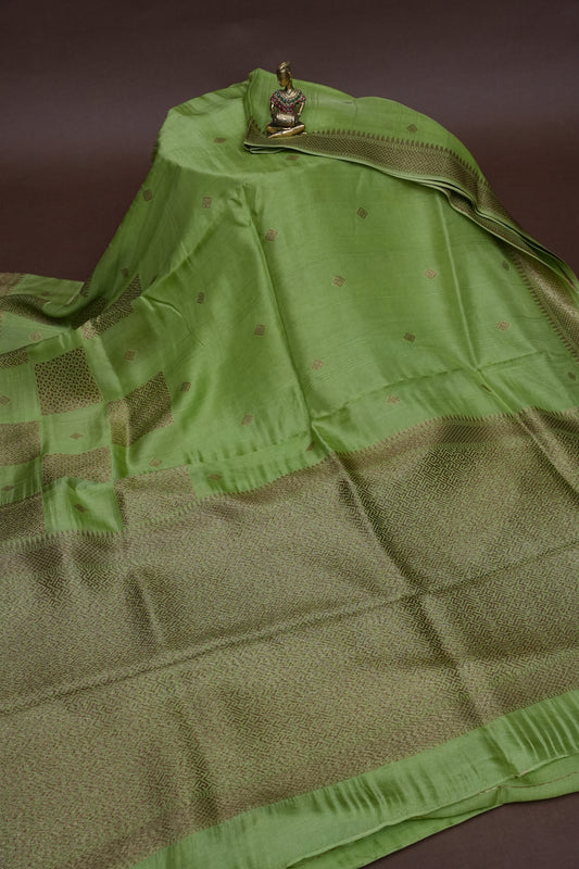 Parrot Green Semi Tussar Raw Silk Saree with Gold Woven Elegance