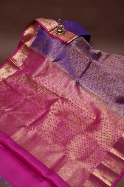 Dual Tone Pink & Royal Purple Pure Kanchivaram Silk Saree with Rich Zari Weave|Silk Mark Certified