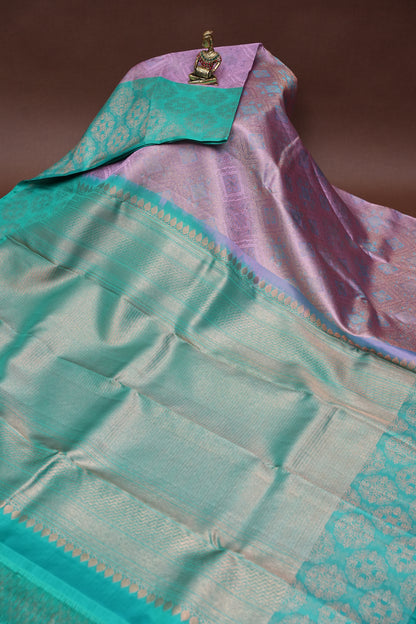 Aqua Green & Lavender Pure Kanchivaram Silk Saree with Intricate Zari Weave|Silk Mark Certified