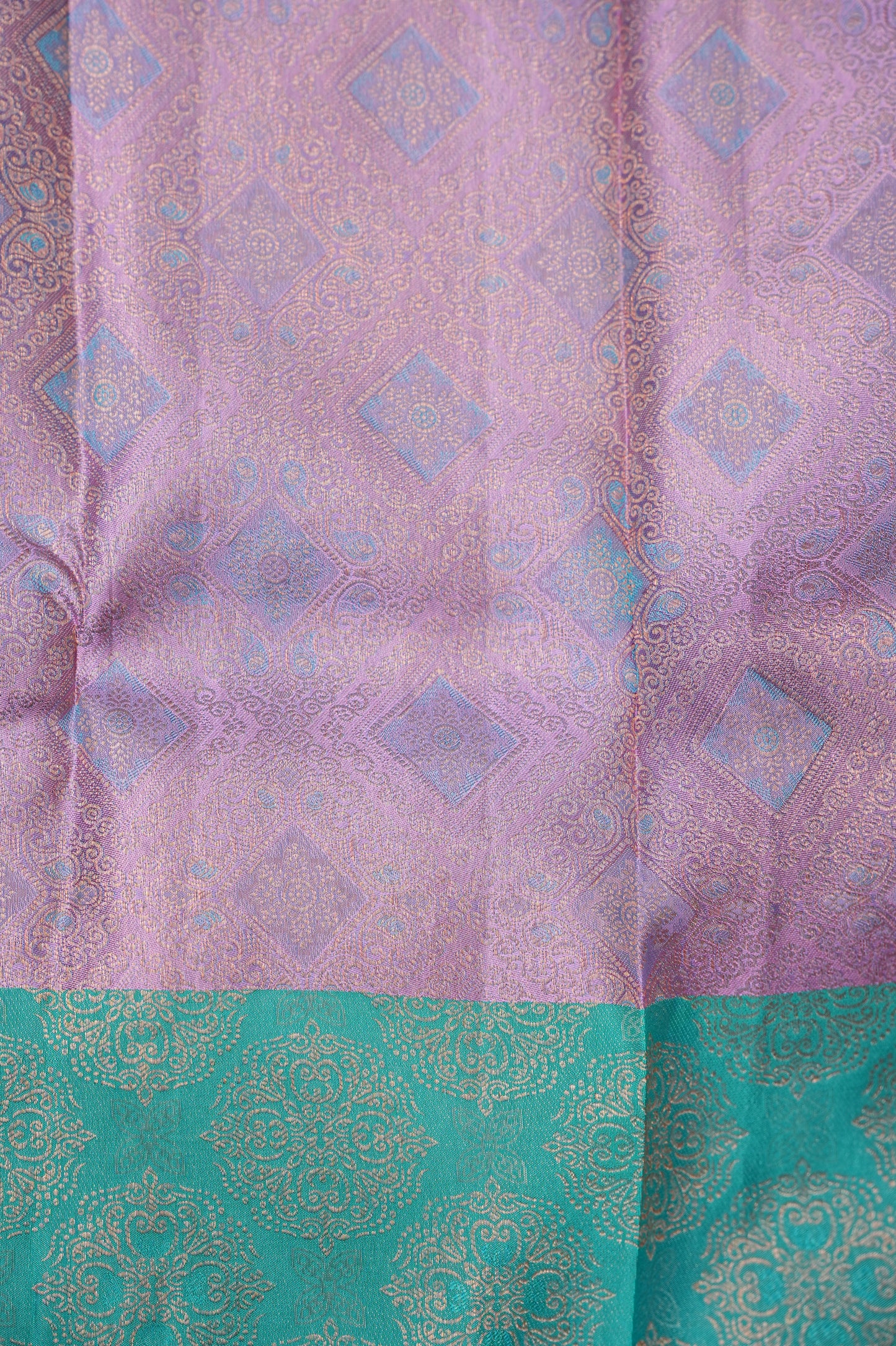 Aqua Green & Lavender Pure Kanchivaram Silk Saree with Intricate Zari Weave|Silk Mark Certified