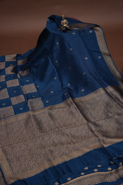 Teal Blue Tussar Raw Silk Saree with Gold Woven Elegance