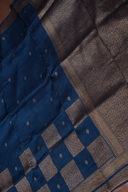 Teal Blue Tussar Raw Silk Saree with Gold Woven Elegance