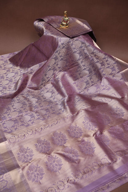 Soft Dusty Lavender Pure Kanchivaram Silk Saree with Antique Gold Zari Floral Weaving|Silk Mark Certified