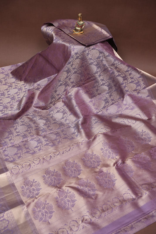 Soft Dusty Lavender Pure Kanchivaram Silk Saree with Antique Gold Zari Floral Weaving|Silk Mark Certified