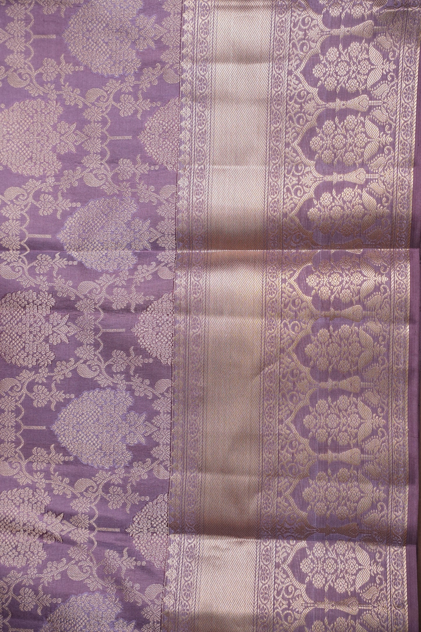Soft Dusty Lavender Pure Kanchivaram Silk Saree with Antique Gold Zari Floral Weaving|Silk Mark Certified