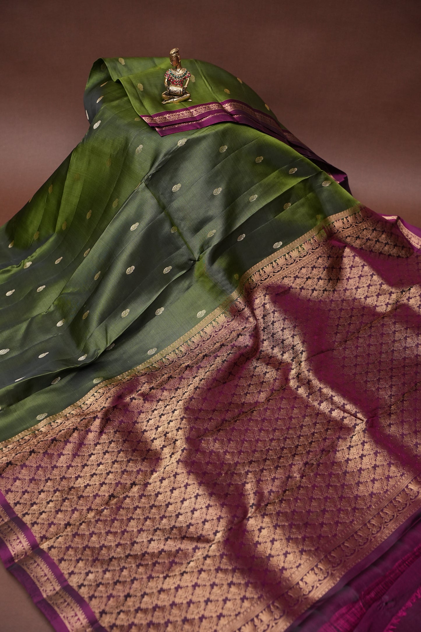 Olive Green Soft Silk Saree with Contrast Deep Purple Border