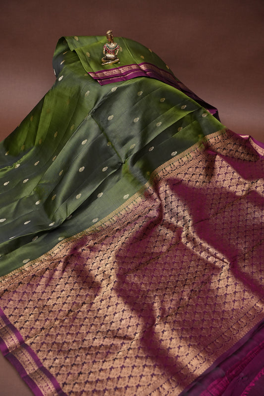 Olive Green Soft Silk Saree with Contrast Deep Purple Border