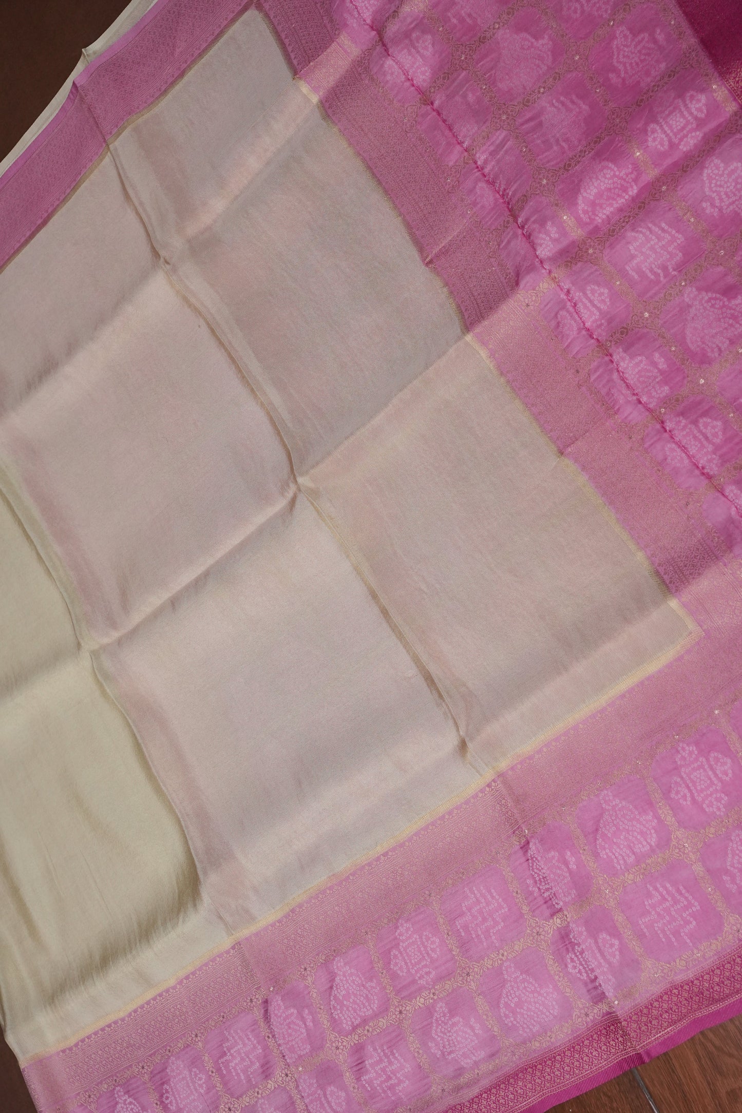 Pure Mellow Tissue Silk Saree with Bandhini Patterns - Ivory & Baby Pink