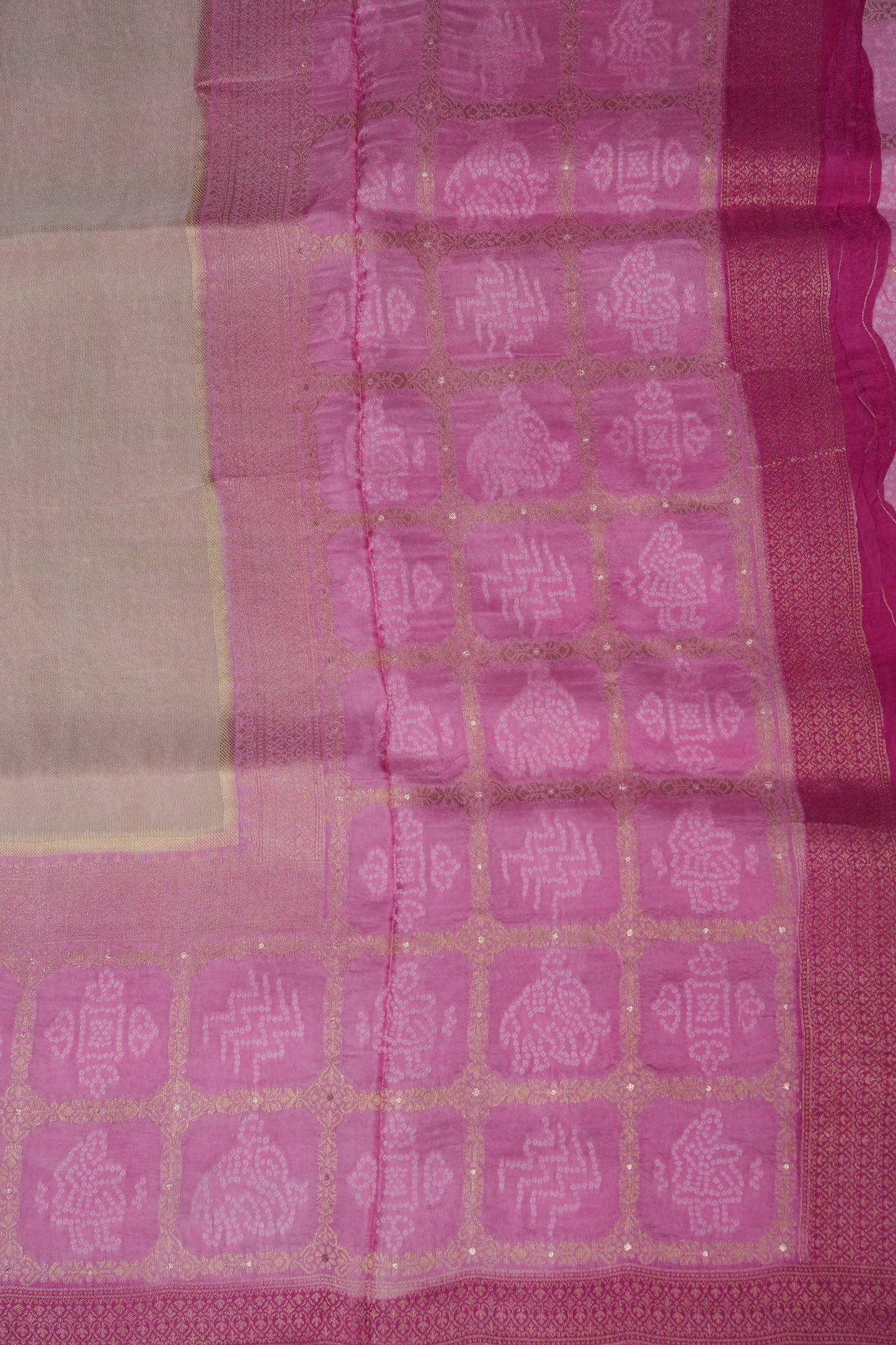 Pure Mellow Tissue Silk Saree with Bandhini Patterns - Ivory & Baby Pink