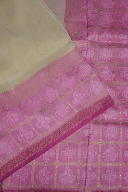 Pure Mellow Tissue Silk Saree with Bandhini Patterns - Ivory & Baby Pink