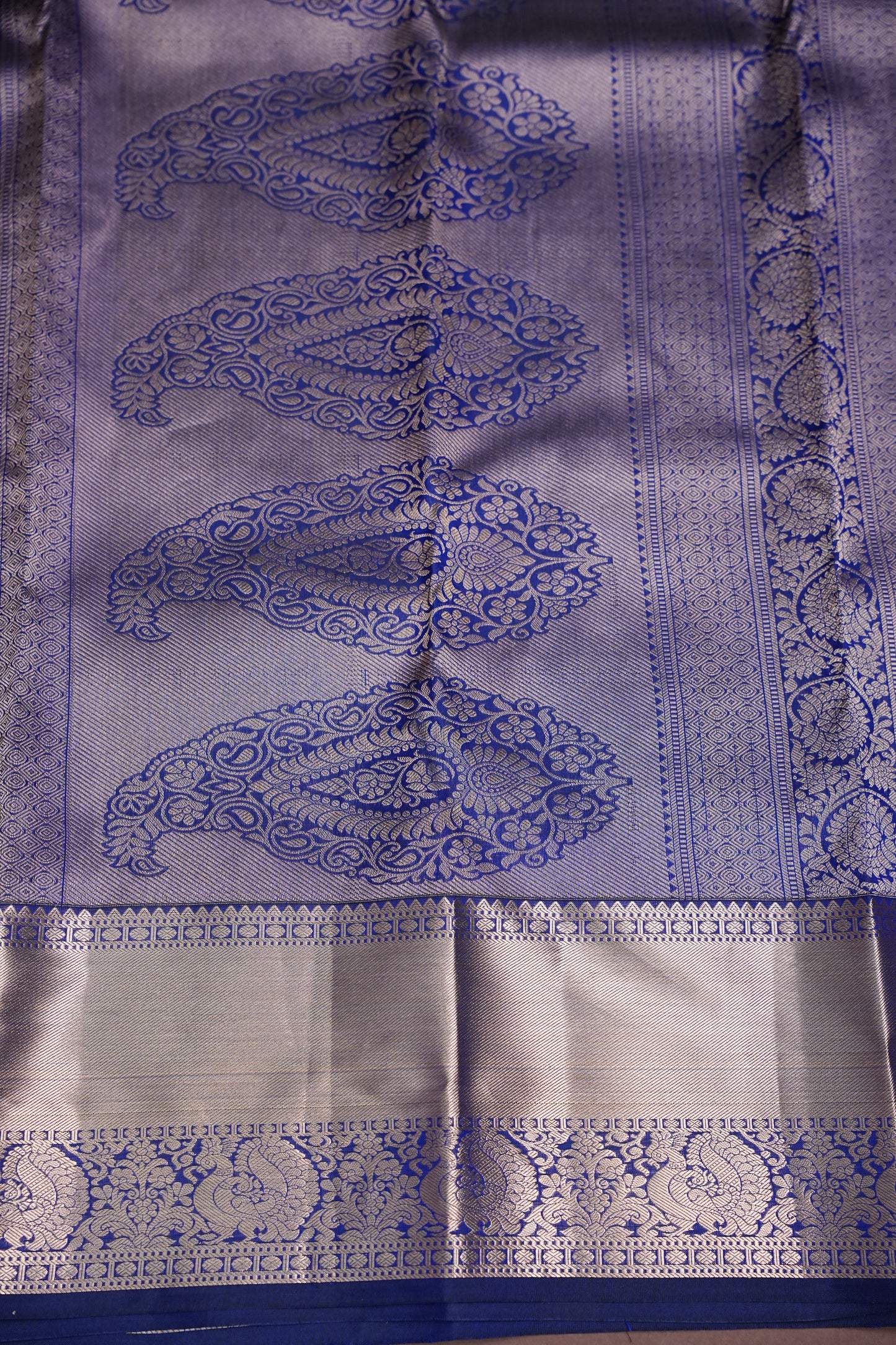 Royal Blue Pure Kanchivaram Brocade Silk Saree with Gold Zari Motifs|Silk Mark Certified