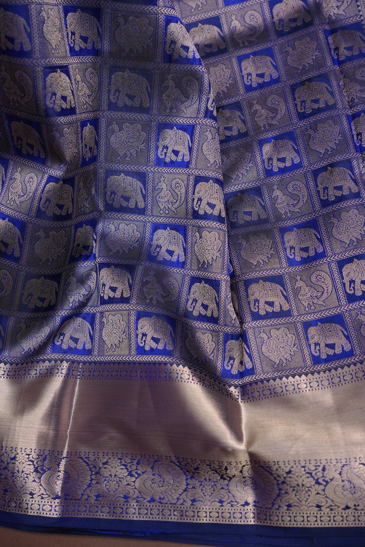 Royal Blue Pure Kanchivaram Brocade Silk Saree with Gold Zari Motifs|Silk Mark Certified