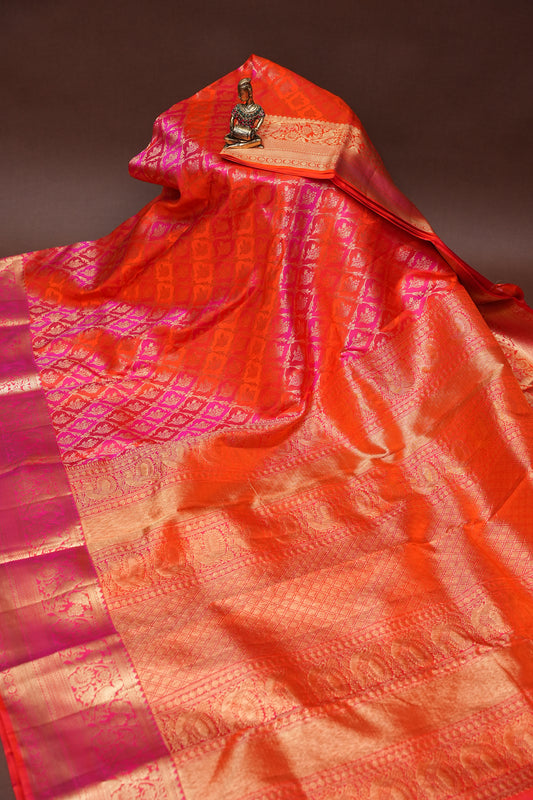 Rangkat Collection - Fiery Orange & Pink Dual Tone Kanchivaram Silk Saree with Rich Gold Zari Weave