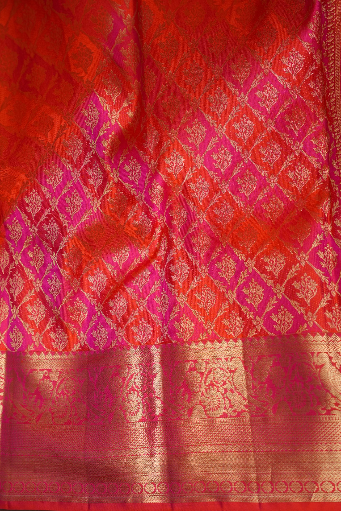Rangkat Collection - Fiery Orange & Pink Dual Tone Kanchivaram Silk Saree with Rich Gold Zari Weave