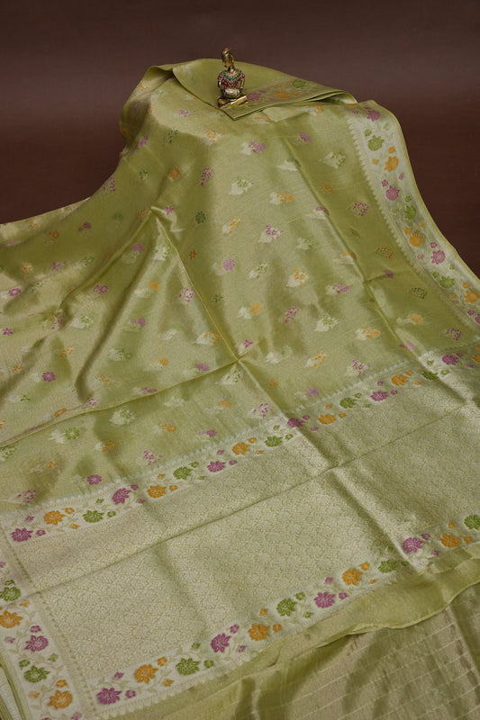 Mellow Tissue Pastel Green Saree with Banarasi Silver Weaving & Paithani Borders