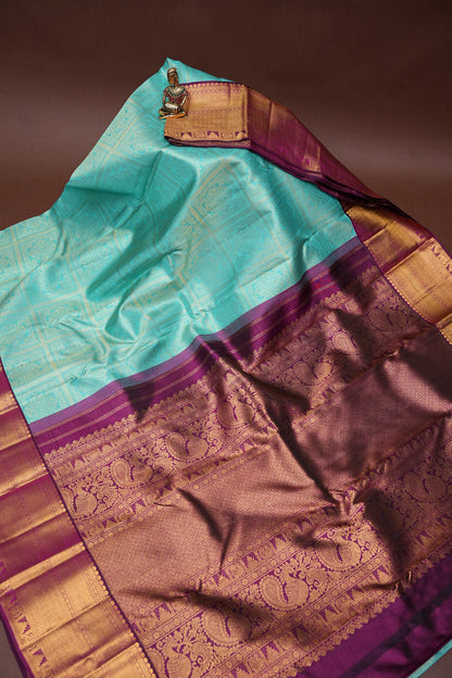 Aqua Blue Pure Kanchivaram Silk Saree with Contrast Purple Border & Rich 2 Gram Zari|Silk Mark Certified