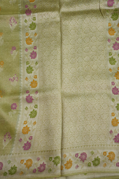 Mellow Tissue Pastel Green Saree with Banarasi Silver Weaving & Paithani Borders