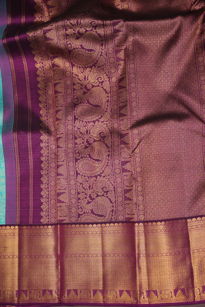 Aqua Blue Pure Kanchivaram Silk Saree with Contrast Purple Border & Rich 2 Gram Zari|Silk Mark Certified