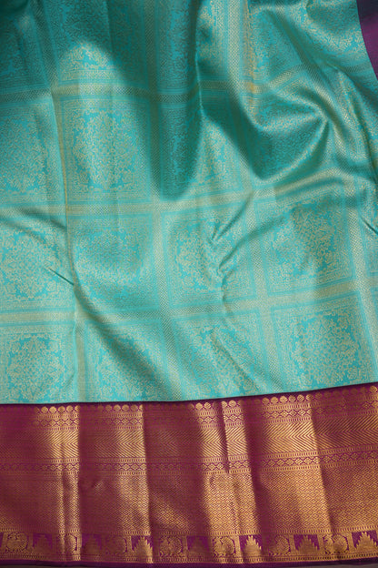 Aqua Blue Pure Kanchivaram Silk Saree with Contrast Purple Border & Rich 2 Gram Zari|Silk Mark Certified