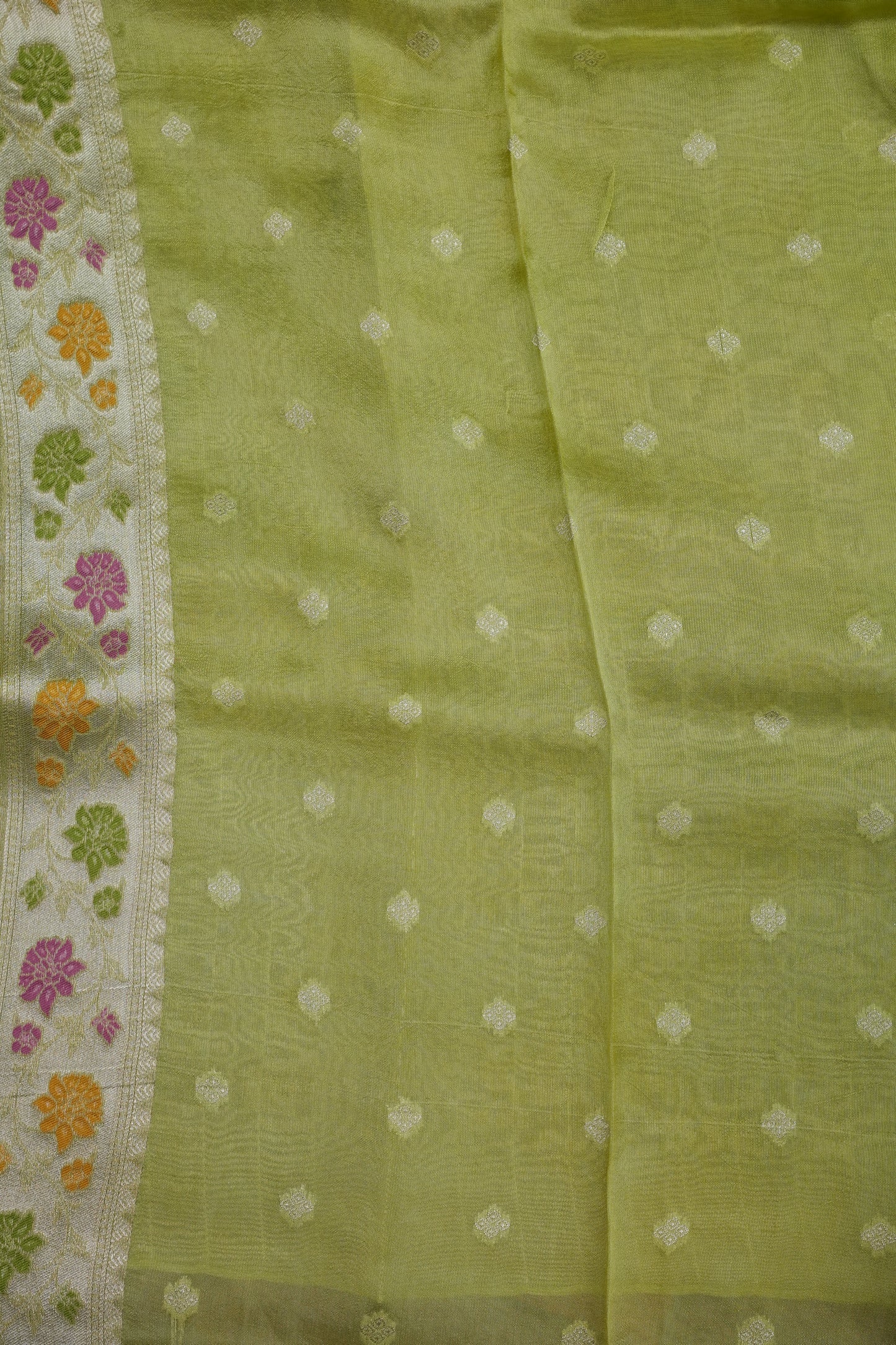 Mellow Tissue Pastel Green Saree with Banarasi Silver Weaving & Paithani Borders