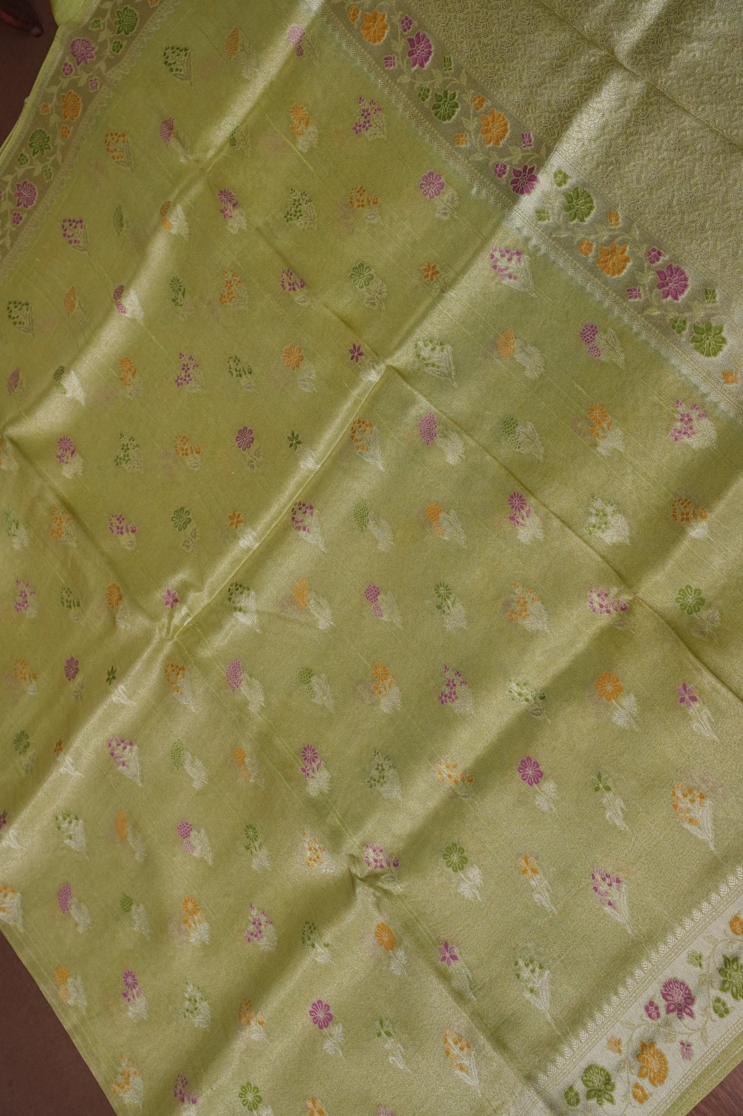 Mellow Tissue Pastel Green Saree with Banarasi Silver Weaving & Paithani Borders
