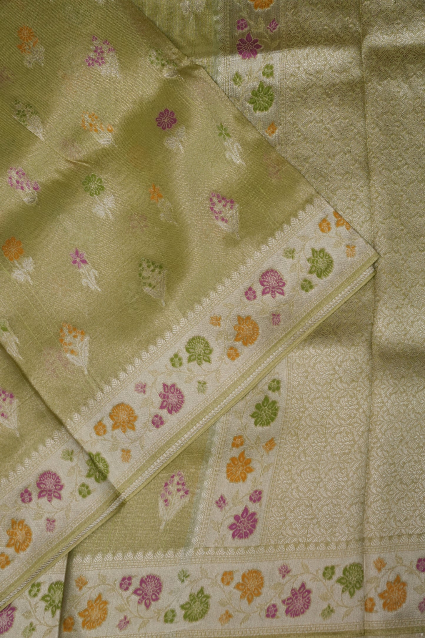 Mellow Tissue Pastel Green Saree with Banarasi Silver Weaving & Paithani Borders