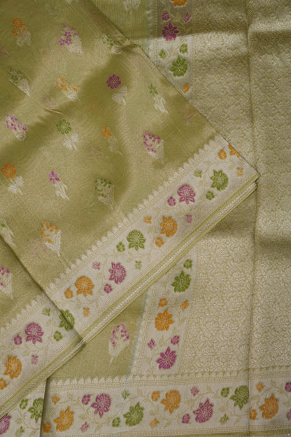 Mellow Tissue Pastel Green Saree with Banarasi Silver Weaving & Paithani Borders