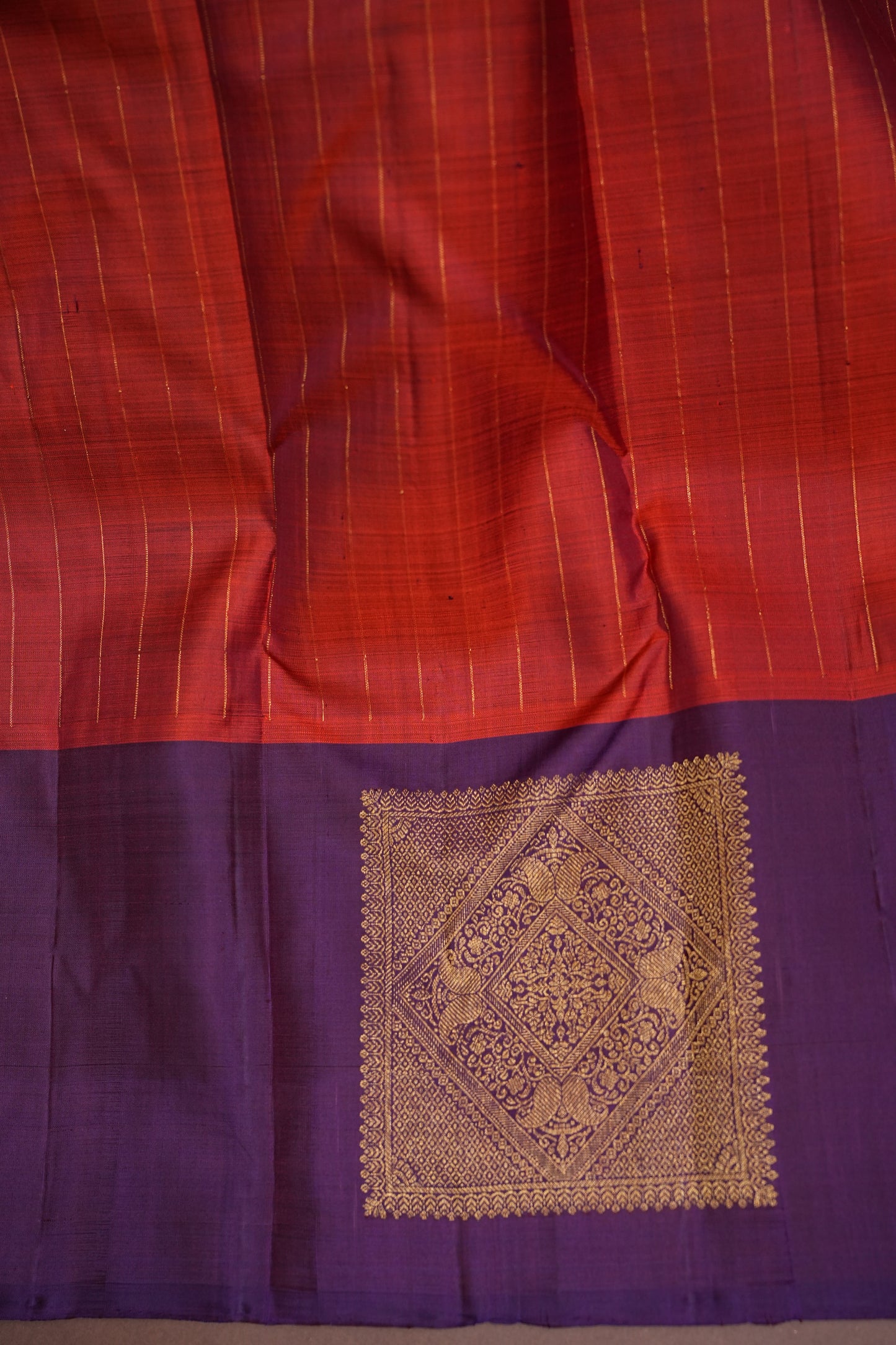 Rust & Purple Pure Kanchivaram Silk Saree with Antique Zari Border|Silk Mark Certified