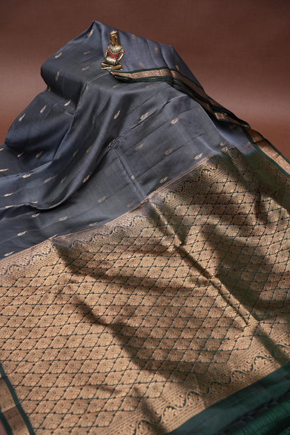 Pure Kanchivaram Silk Saree with Rich Zari Pallu - Steel Grey & Green