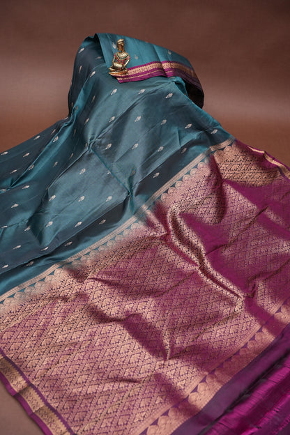 Teal Blue & Magenta Soft Silk Saree with Rich Zari Pallu