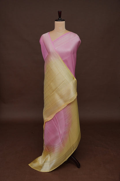 Soft Banarasi Silk Saree Ombre - Blush Pink and Green-Silk Mark Certified.
