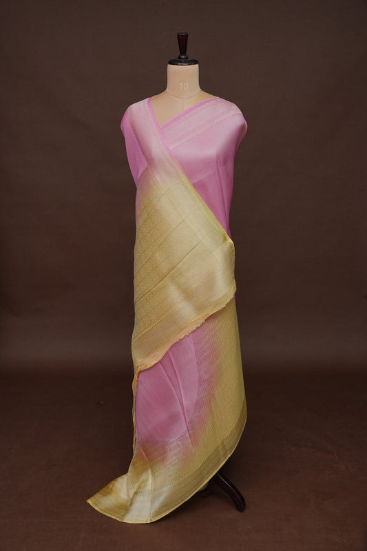 Soft Banarasi Silk Saree Ombre - Blush Pink and Green-Silk Mark Certified.