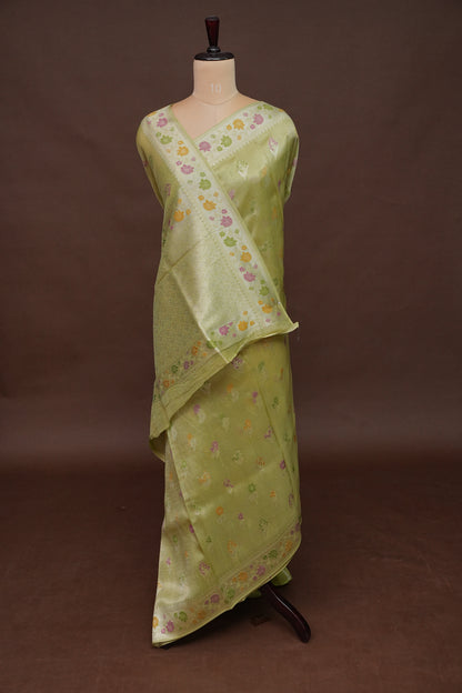 Mellow Tissue Pastel Green Saree with Banarasi Silver Weaving & Paithani Borders