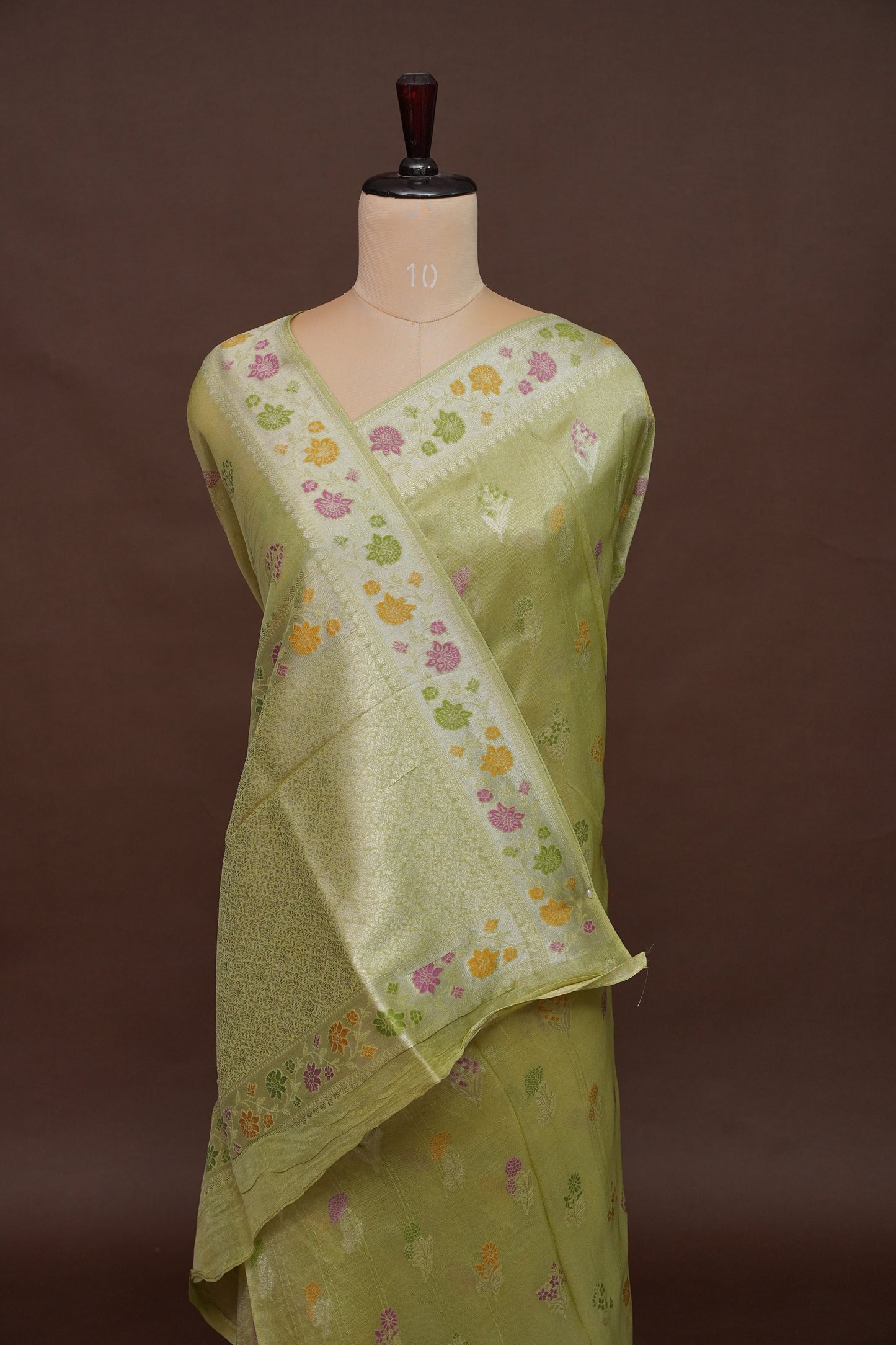 Mellow Tissue Pastel Green Saree with Banarasi Silver Weaving & Paithani Borders