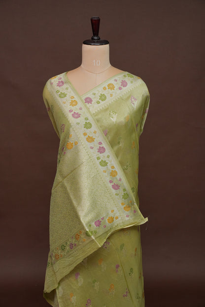 Mellow Tissue Pastel Green Saree with Banarasi Silver Weaving & Paithani Borders