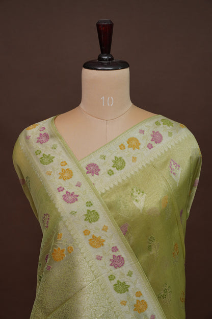 Mellow Tissue Pastel Green Saree with Banarasi Silver Weaving & Paithani Borders